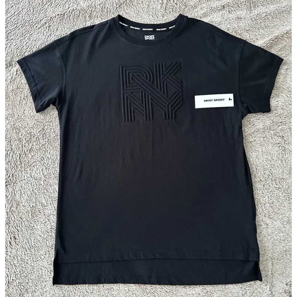 DKNY Sport Women's Cotton Embossed Logo High-Low T-Shirt Black XS New